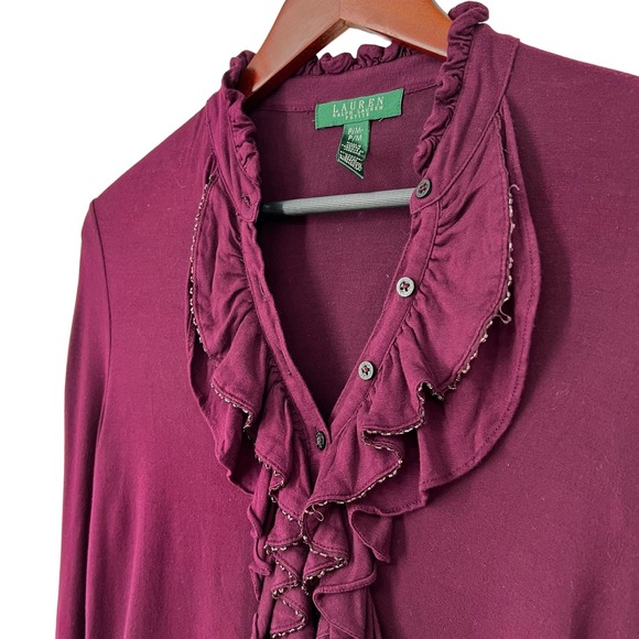 Ralph Lauren Womens PM Petite Medium Merlot Maroon Beaded Blouse Shirt Top - Picture 3 of 7